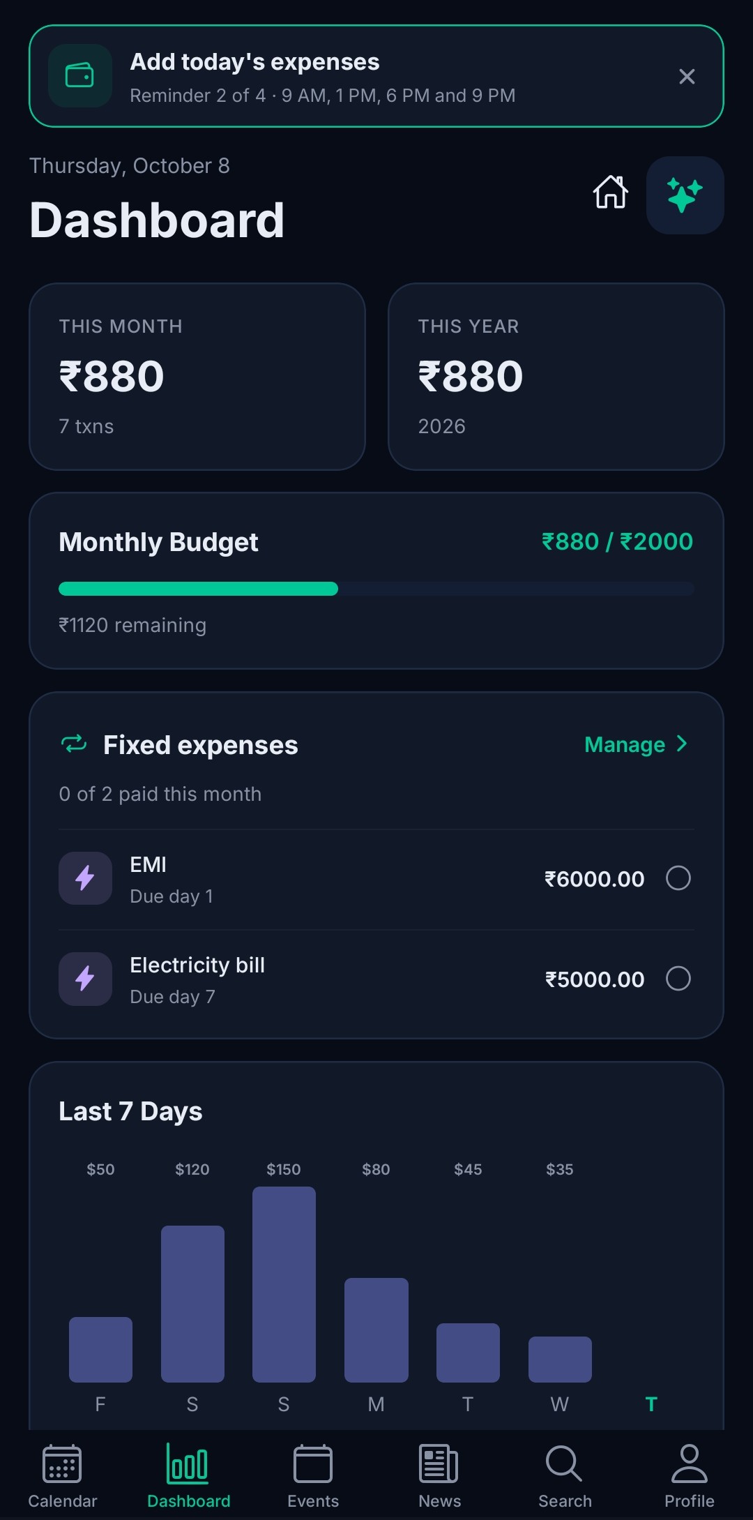 DayinFlow dashboard showing this month and this year totals, a monthly budget with remaining amount, fixed expenses with due days, and a last seven days chart